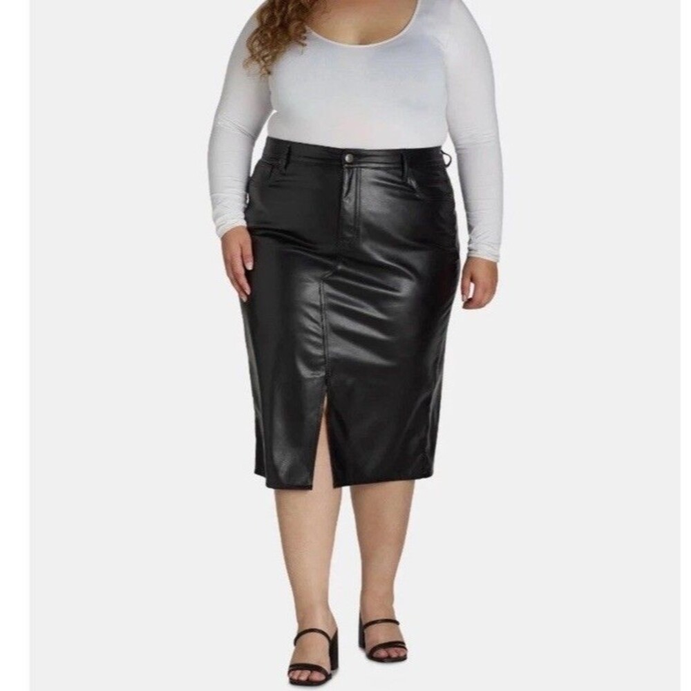Terra & Sky Faux Leather Pencil Skirt Midi‎ Black High Rise Slim Fit Size 20W